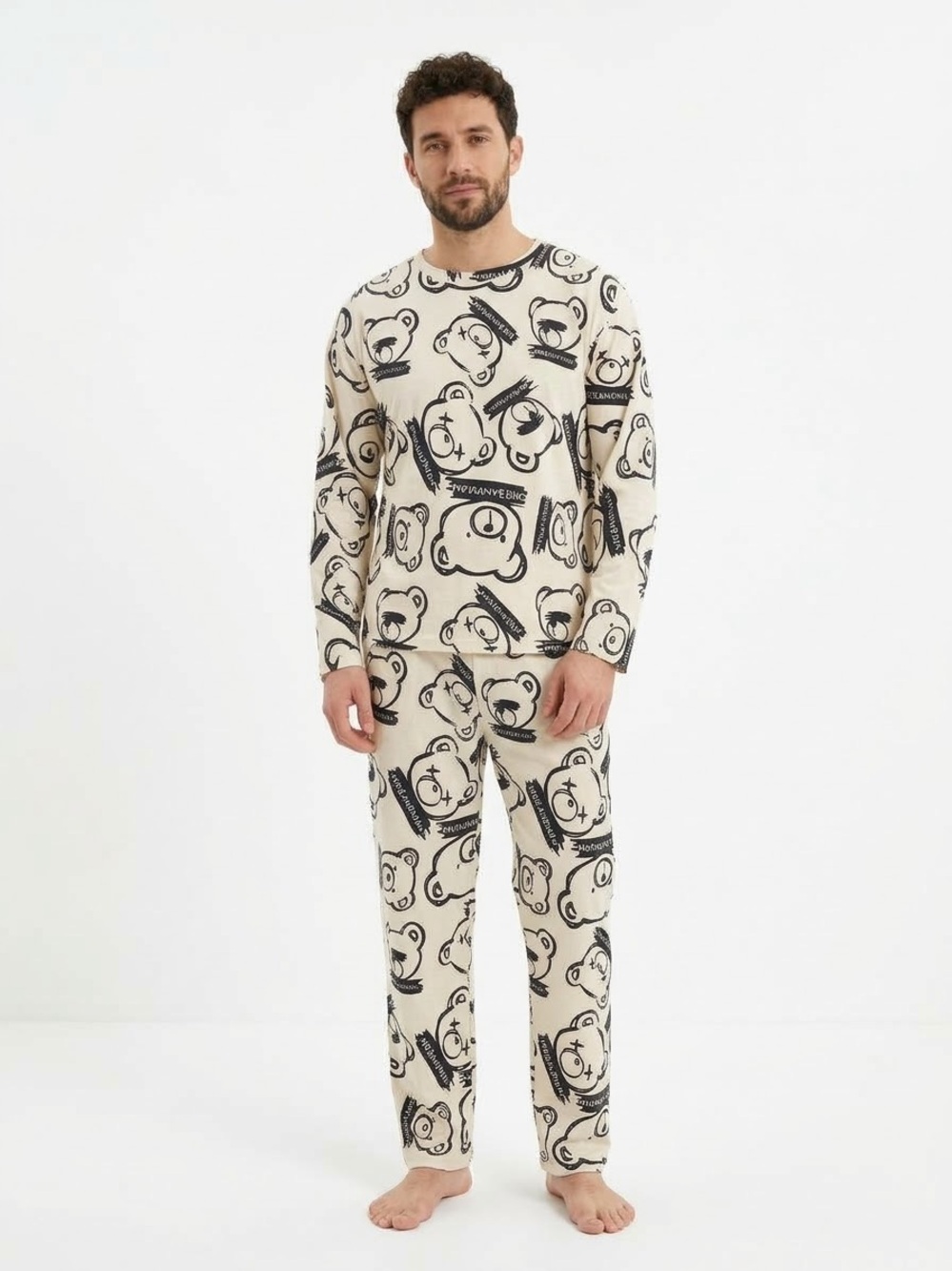 Men's Printed Bear Lounge Pants - Beige
